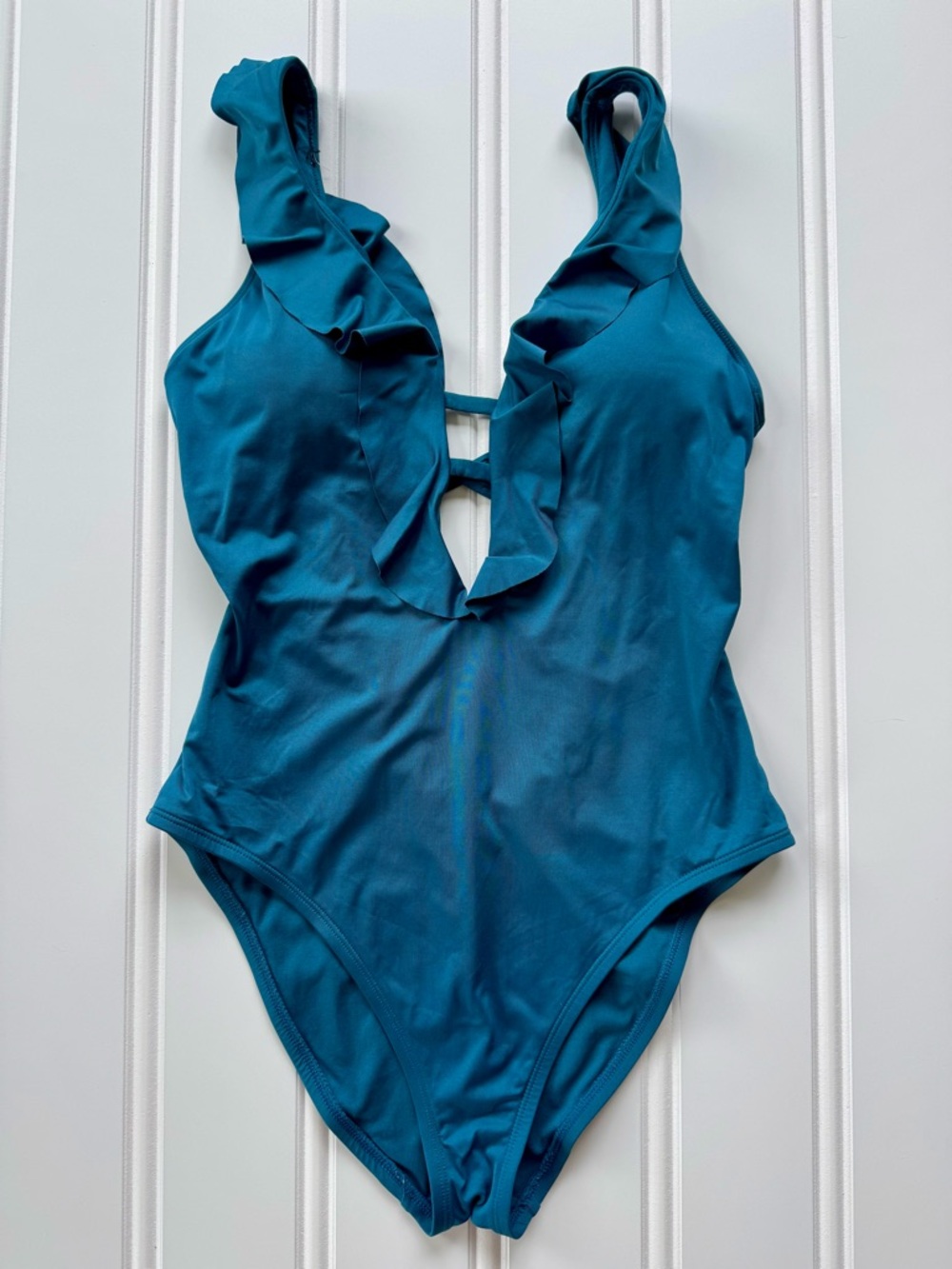 Shade & Shore Teal Ruffle Plunge One Piece Padded Swimsuit Criss Cross Back